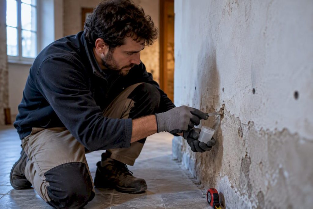Técnico a recolher uma amostra de parede húmida