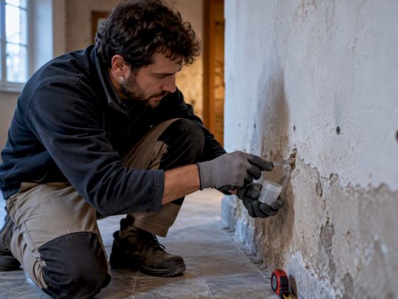 Técnico a recolher uma amostra de parede húmida