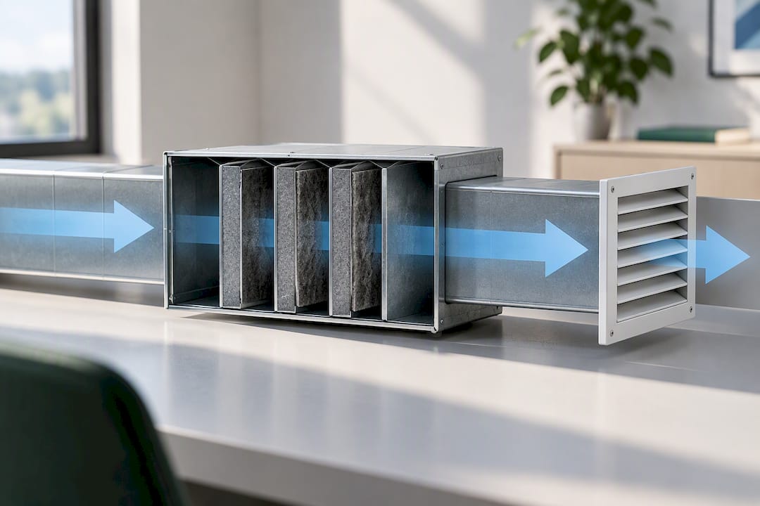 Trajeto do ar através de atenuador e grelha HVAC