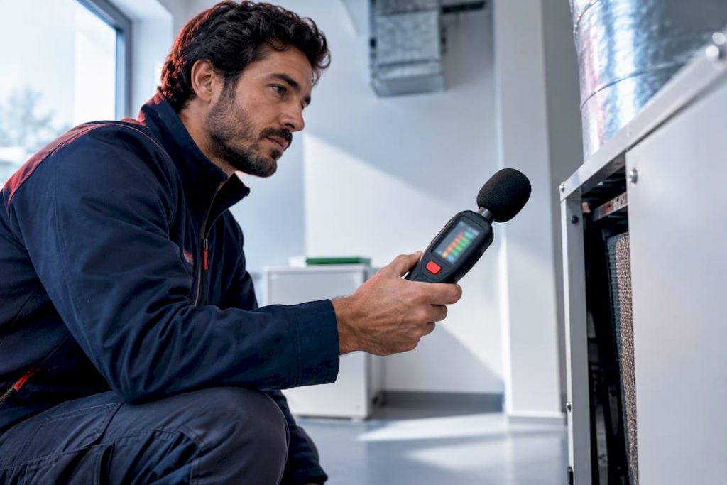 Técnico a medir o ruído de equipamento HVAC