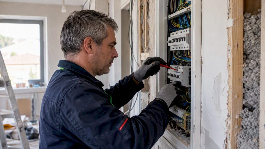 Técnico a inspecionar o quadro elétrico durante a remodelação