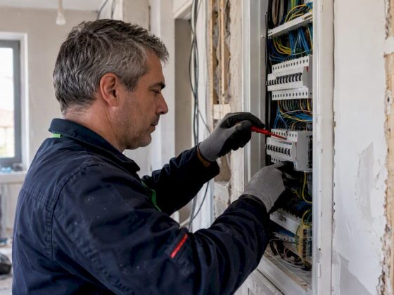 Técnico a inspecionar o quadro elétrico durante a remodelação