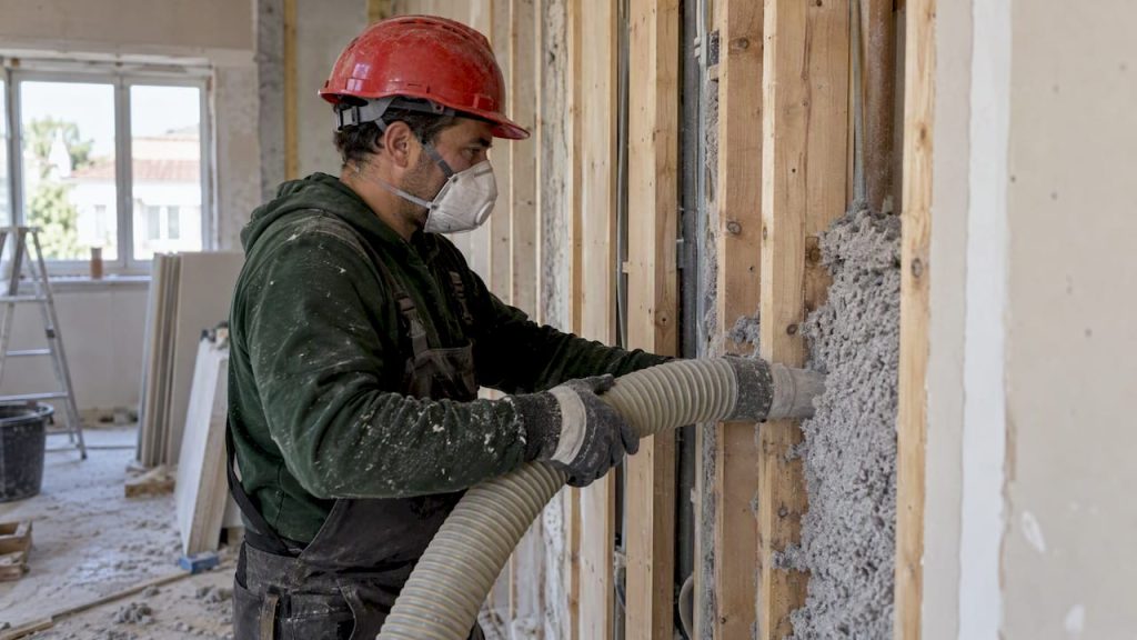 Técnico a aplicar fibra de celulose numa parede