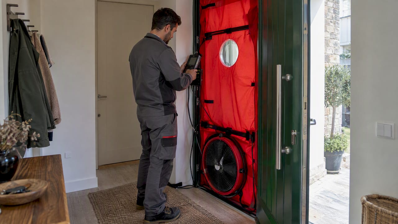 Técnico faz teste blower door numa habitação
