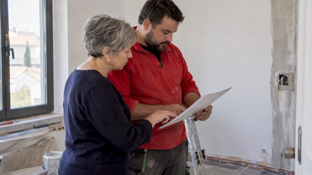 Proprietária e empreiteiro analisam a fatura da reabilitação