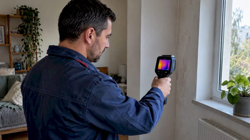 Técnico mede a temperatura de uma parede