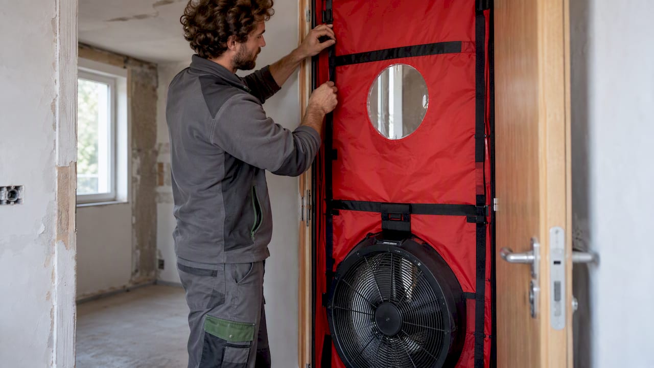 O técnico está a preparar o ensaio blower door numa porta