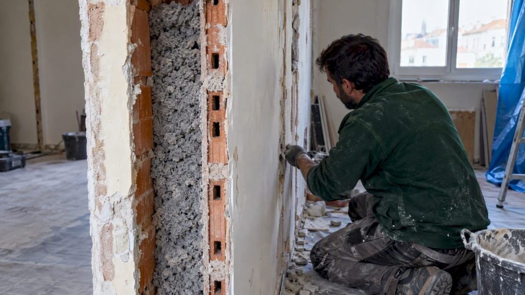 Parede de alvenaria com isolamento de celulose na cavidade
